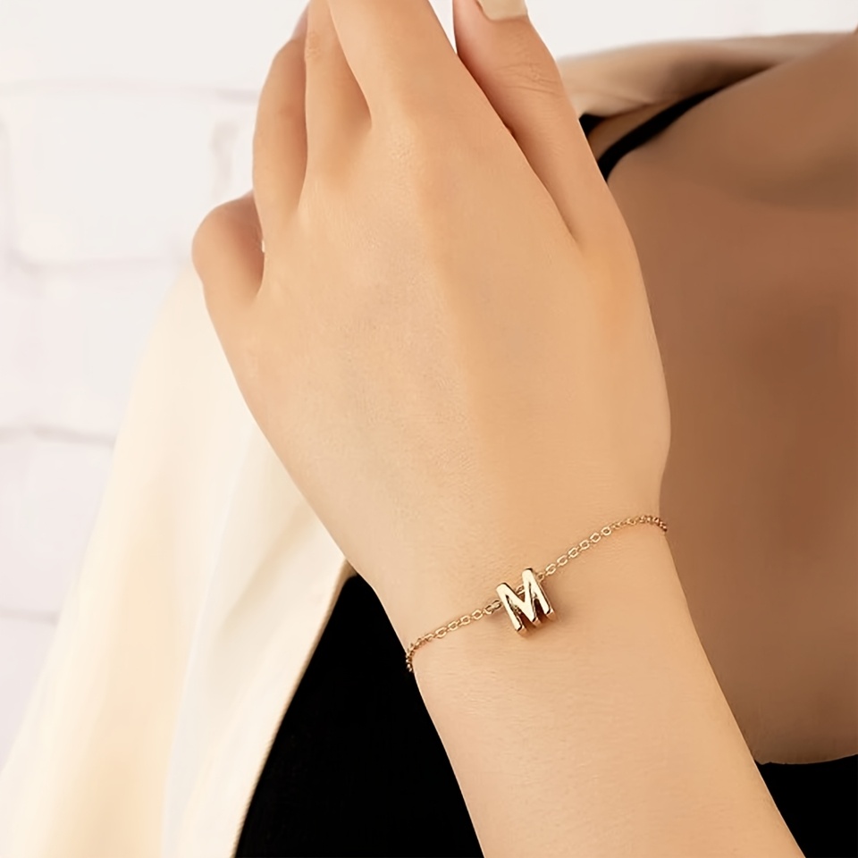 Golden Tone Stainless Steel Alphabet Bracelet Women Initial Charm Chain Link